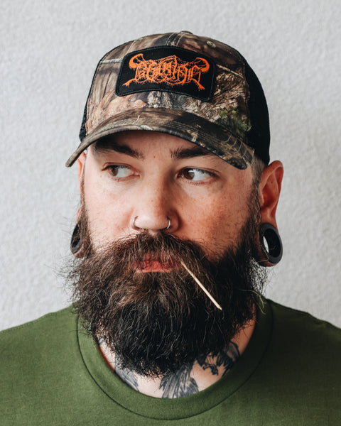 Camo Black Metal Logo Trucker