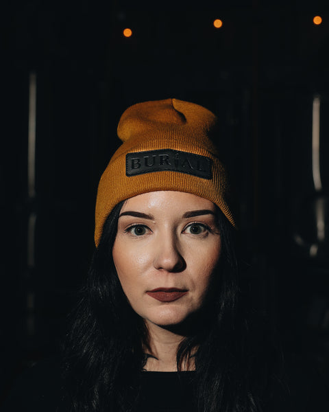 Mustard Beanie With Black Leather Patch